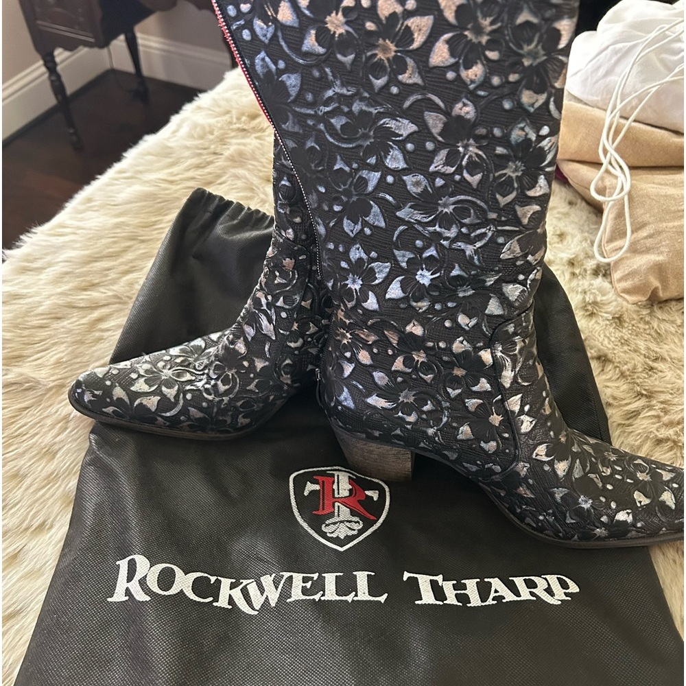 Custom western boots with red bottoms made by Rockwell Tharp